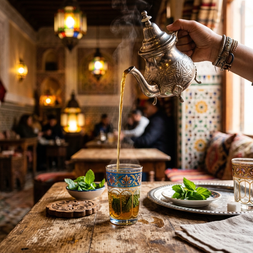 Marokkanischer Tee mit frischer Minze im Café Nador